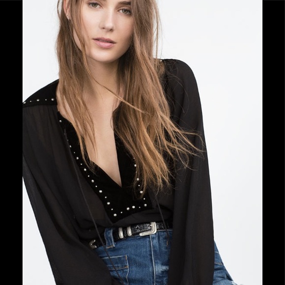 Zara black boho velvet studded sheer blouse - Picture 3 of 5